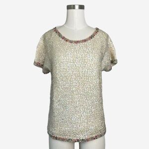 Vintage 60s Valentina Ltd. White sequin beaded 100% wool short sleeve top mod M